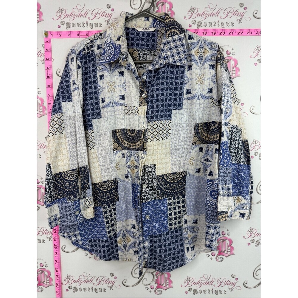 Alia shirt patches Patchwork Button-Up Shirt in Navy, Blue, Cream
